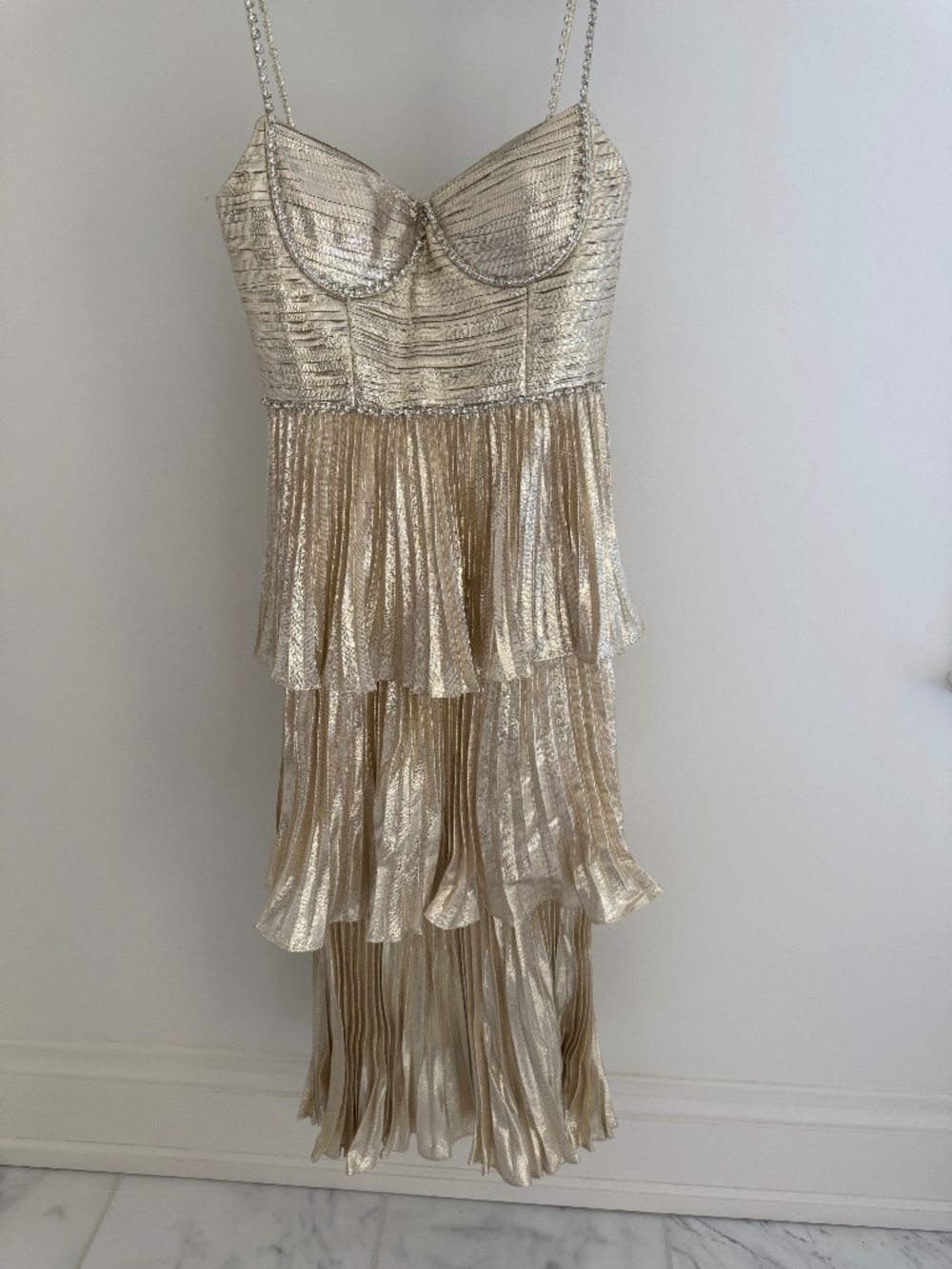 Self-Portrait Gold Metallic Crystal Tiered Midi Dress US 4
